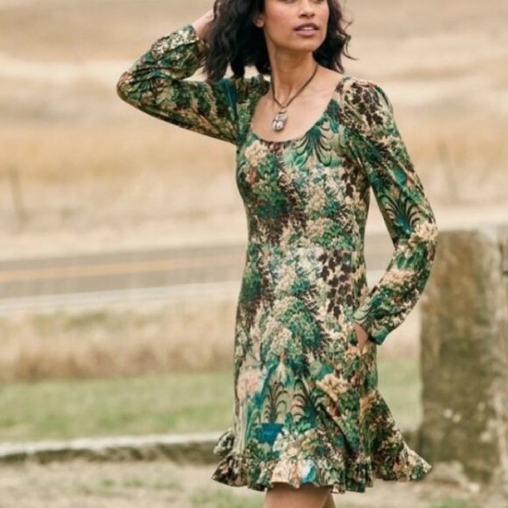 Peruvian Connection Pastorale Foliage Green Tapestry Print Mini‎ Dress Cottage M